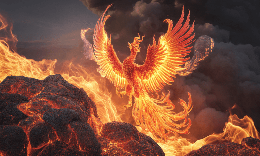 Phoenix ascending through fire, symbolizing rebirth and transformation through marital challenges.