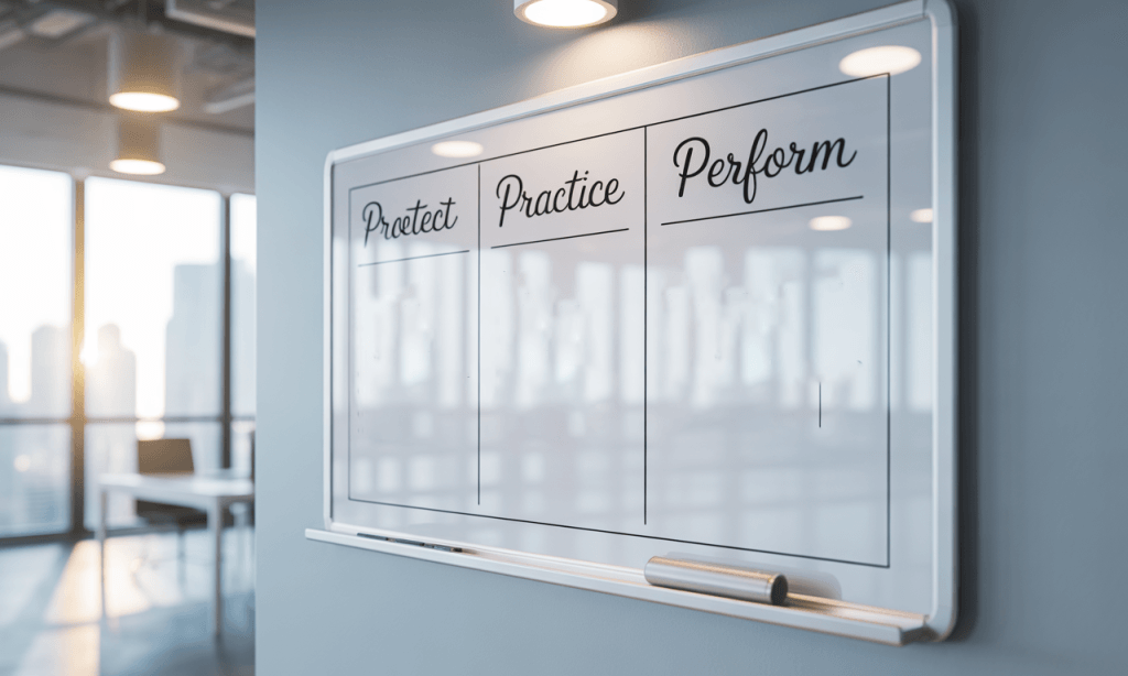 Visual map of moving from protection through practice to performance in a marriage.