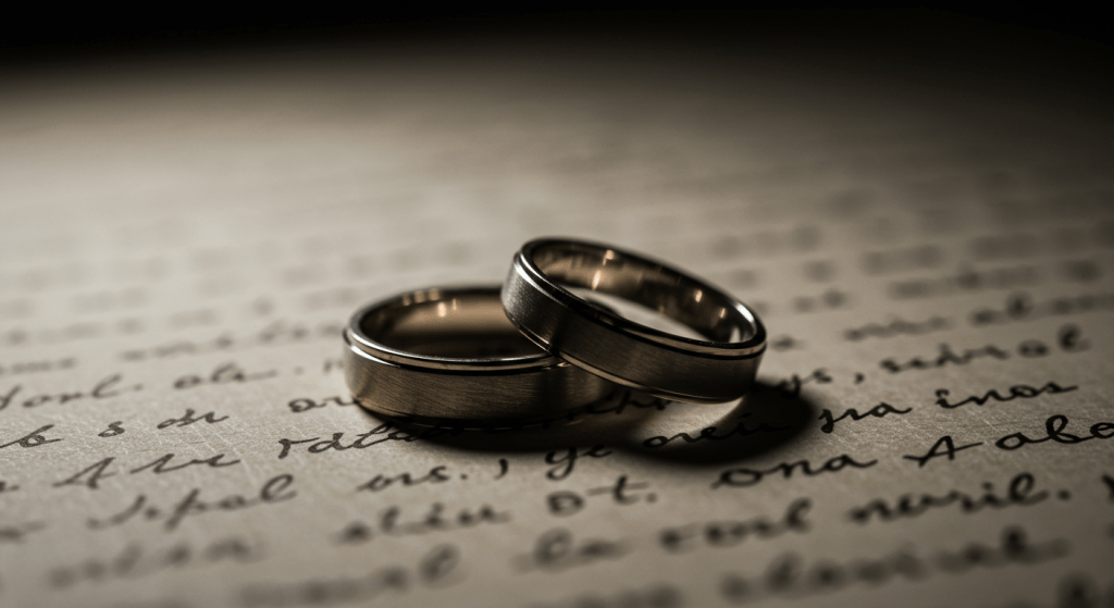 Wedding rings on written vows showing freedom as responsibilit