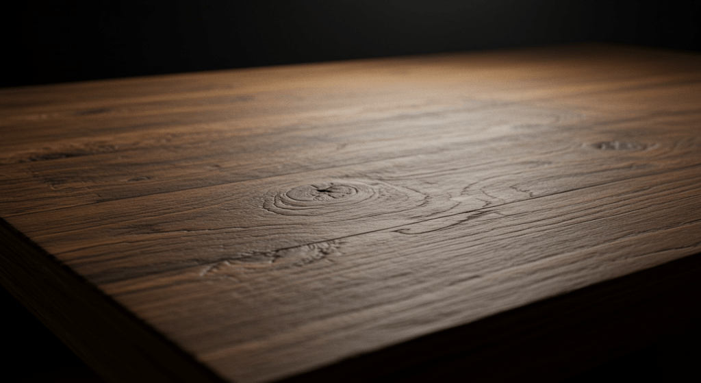 Wooden table with visible grain and flaws, showing how natural imperfections can add strength and beauty