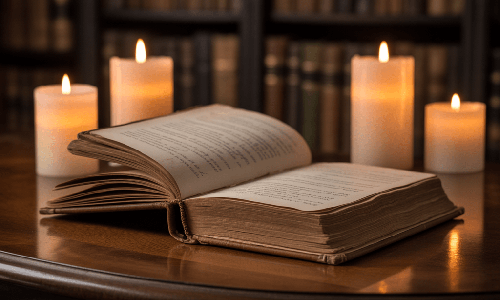 A book being studied by candlelight during chaos, representing mid-conflict learning in marriage.