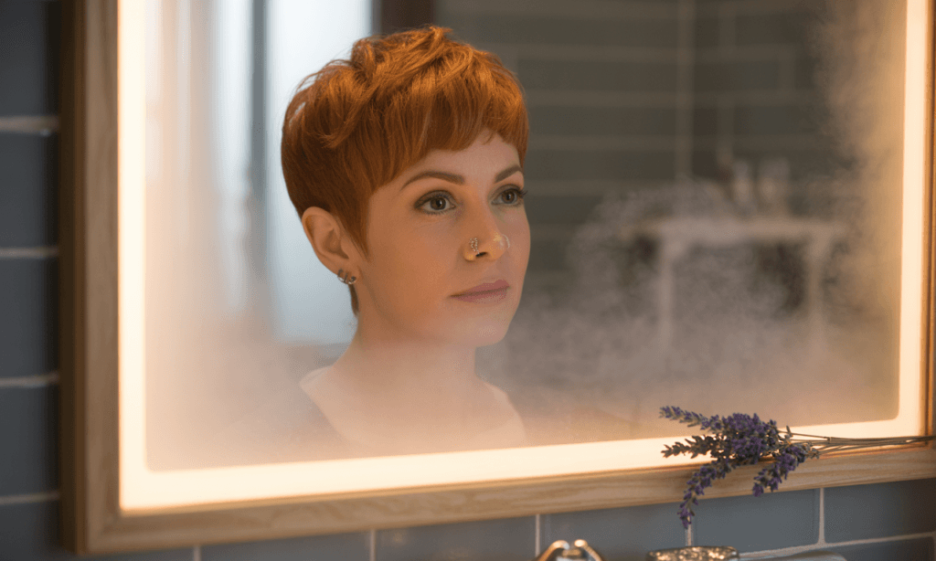Reflection in a steamy mirror, symbolizing honest emotional self-awareness under pressure.