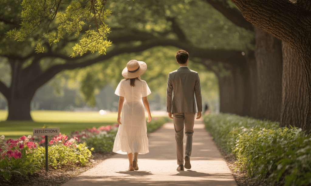 Married couple walking on parallel paths, symbolizing individuality within togetherness.