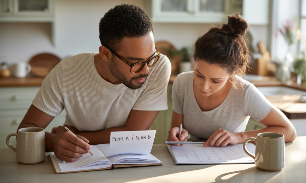 Couple creating buffers and backups—Life Happens—Love Plans in action.