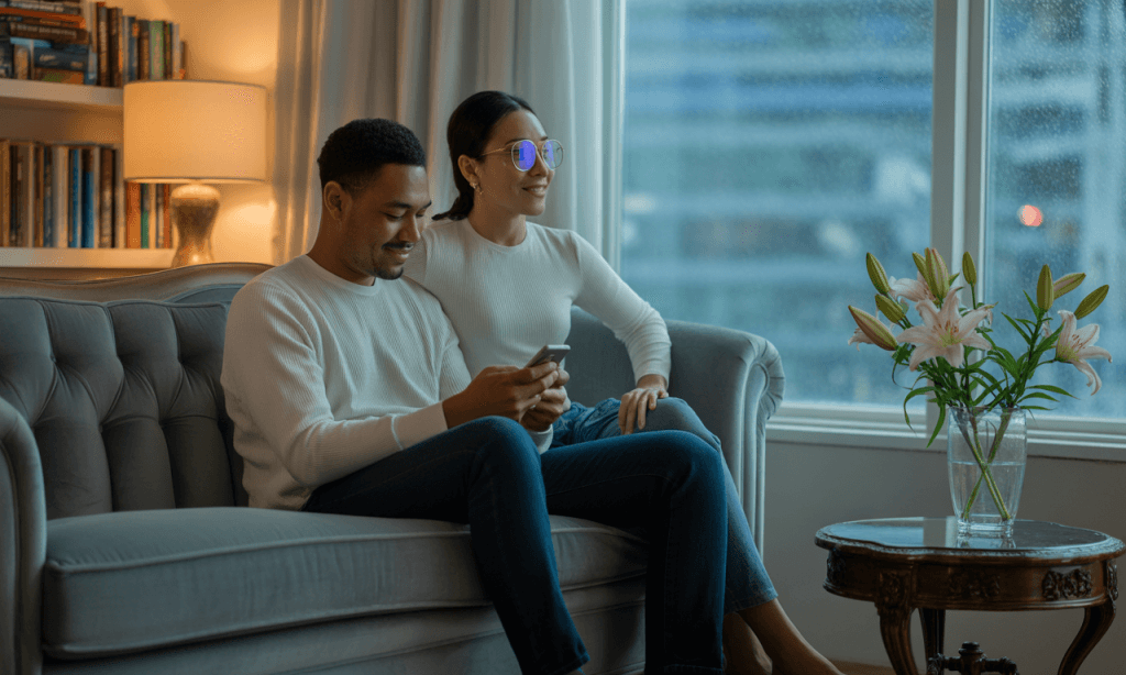 Emotionally distant couple where one partner is distracted by phone.