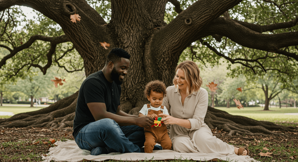 Multigenerational family sitting under a huge tree, symbolizing the legacy and stability of a strong marriage