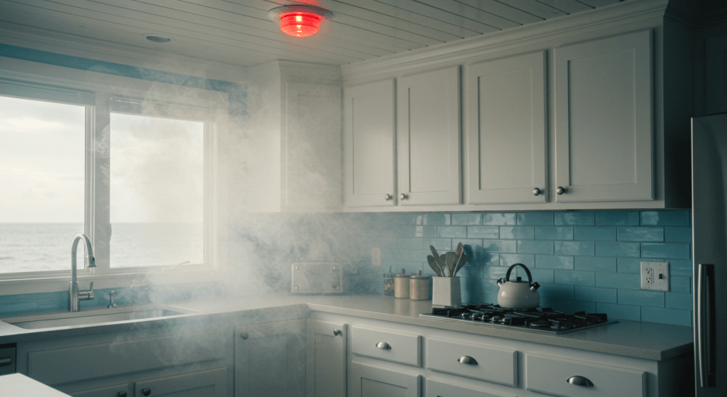 A smoke alarm sounding unexpectedly, symbolizing emotional conflict catching couples off guard.