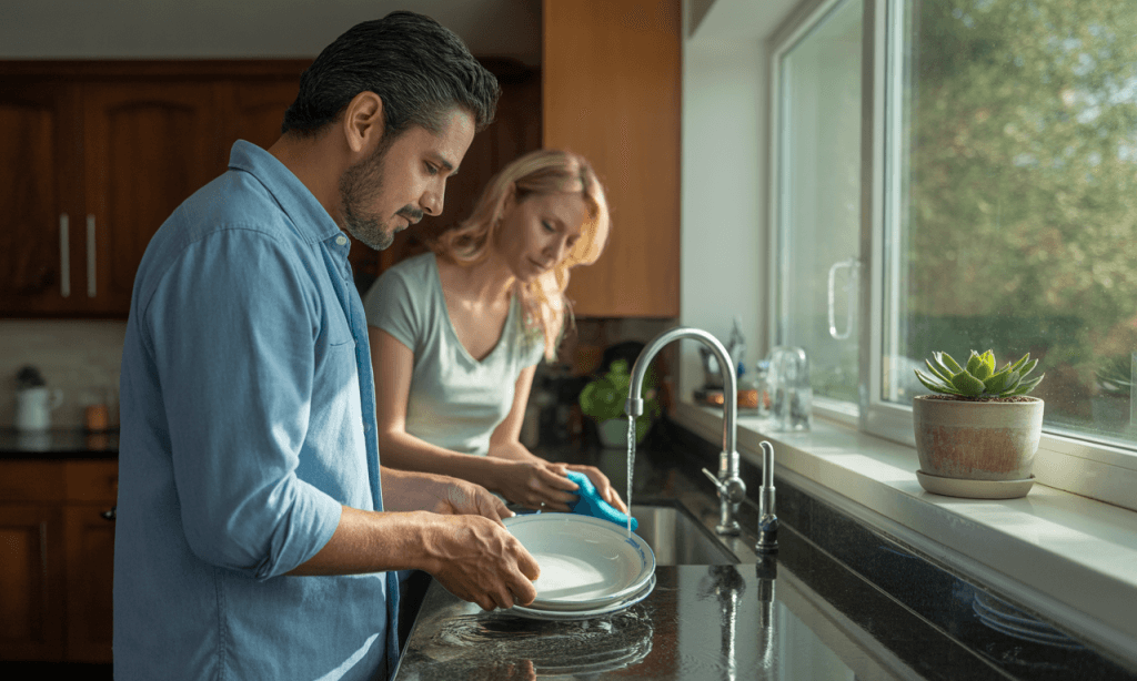 Couple doing chores with subtle tension, representing real-life moments where emotional growth happens.