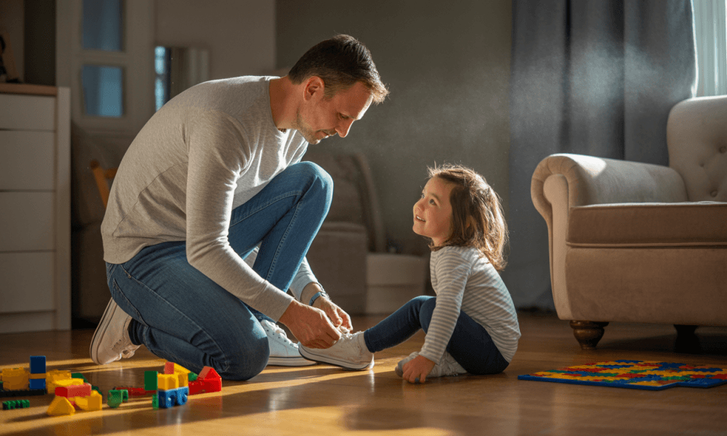 Parent calmly tying child's shoe amid busy morning, representing emotional maturity in real life.
