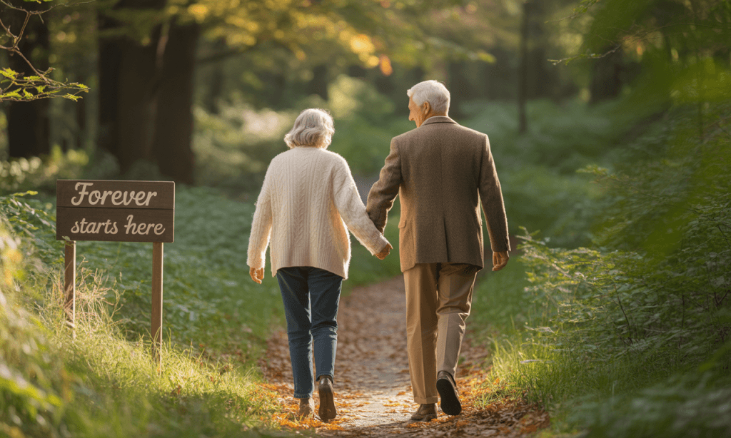 Older married couple walking in nature, symbolizing the quiet endurance and growth of a mature marriage