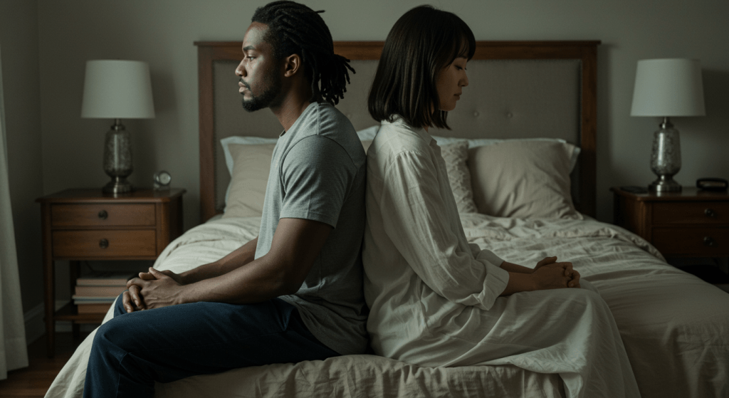 Married couple reflecting in silence, representing real-time emotional growth and quiet effort.