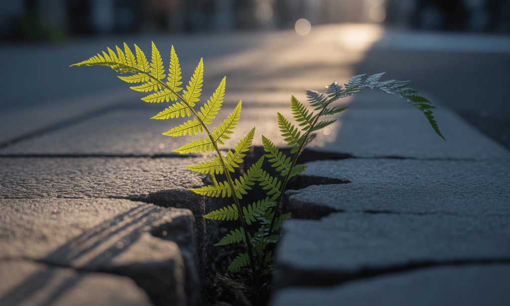 Small plant growing in a tough place, symbolizing soft skills developing through difficult circumstances.