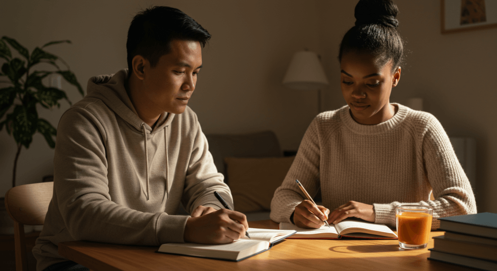 Married couple reflecting and journaling together, illustrating intentional reflection on marriage values and direction