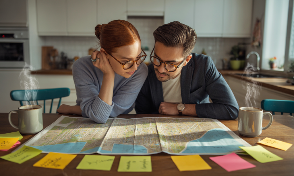 Couple planning their weekly route with rituals and backup plans to stay connected.