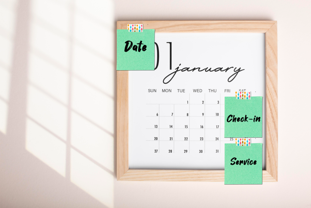 Three non-negotiables—date, check-in, service—anchored to a weekly calendar.