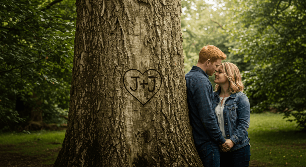 Tree with initials carved long ago, symbolizing how love and imperfections coexist over time