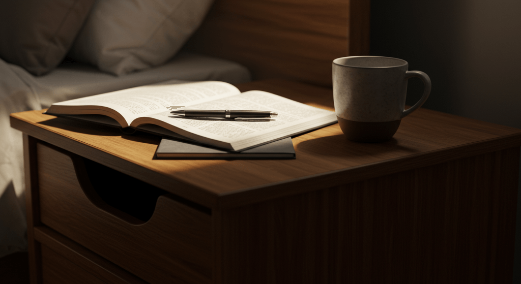 Journal and pen beside a coffee cup, symbolizing quiet reflection for emotional growth.