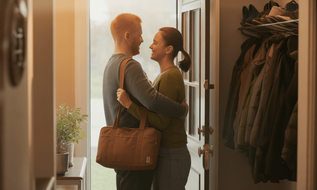 A 30-second doorway hug-short but steady contact that stabilizes the day.