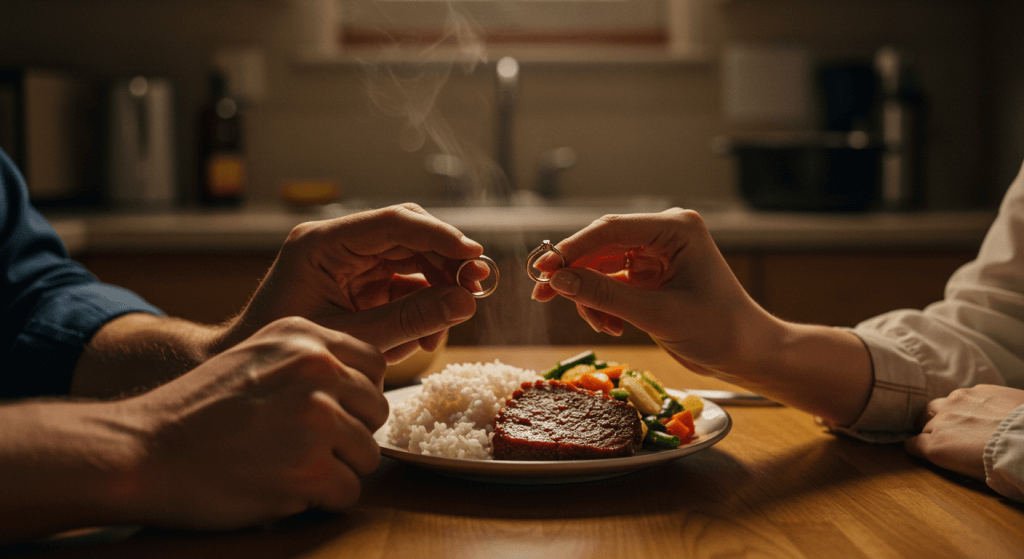 Hands holding wedding rings over a simple meal, symbolizing choosing love over emotional impulse.
