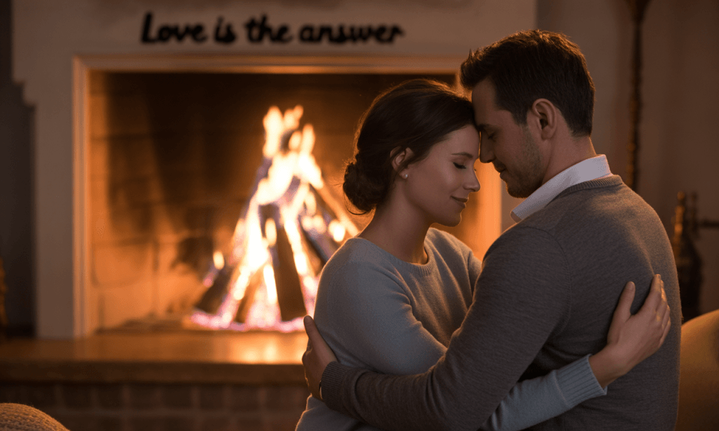 Married couple united near a glowing fire, representing togetherness in the refining process.