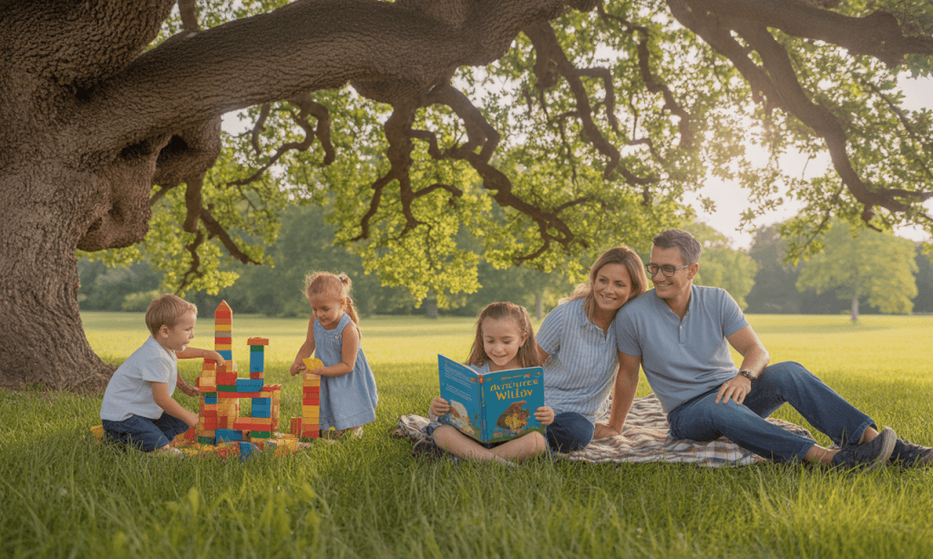 Children playing in the shade of a tall tree, symbolizing how long marriages offer comfort and stability to future generations