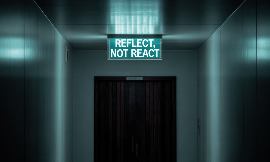 Exit sign customized with “reflect, not react,” symbolizing the shift from emotional reaction to readiness in marriage.