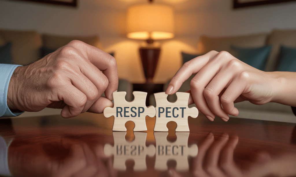 Hands connecting puzzle pieces labeled “Respect,” symbolizing unity in marriage.