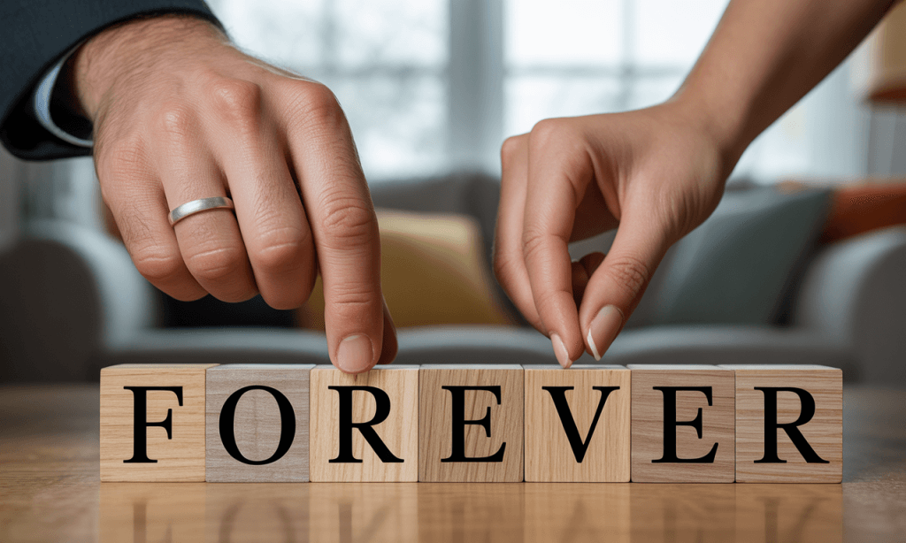 Hands arranging wooden letter blocks, symbolizing words as the building blocks of a relationship.