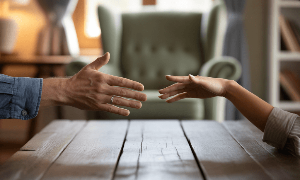 Hands of a couple reaching across a table, showing connection during a difficult conversation.