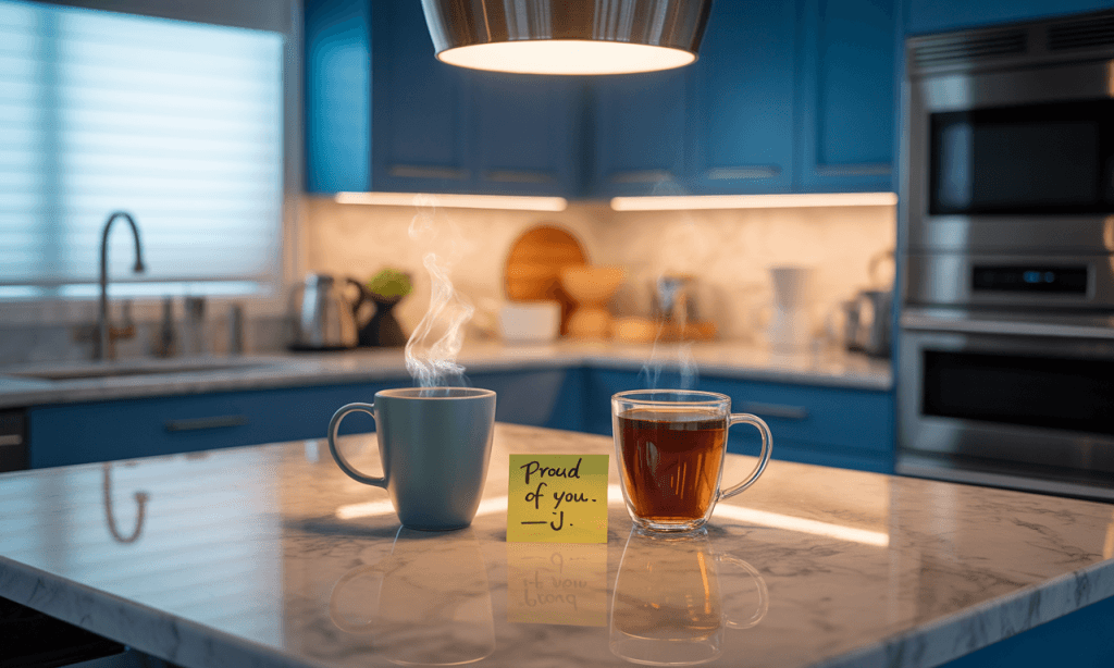 A simple 5-minute gesture-a note with tea-showing a Micro-Connection on a busy day.