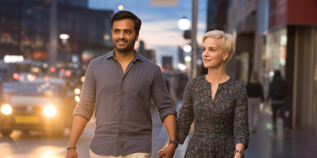 Couple walking at dusk—steady, simple steps that outlast everyday friction.