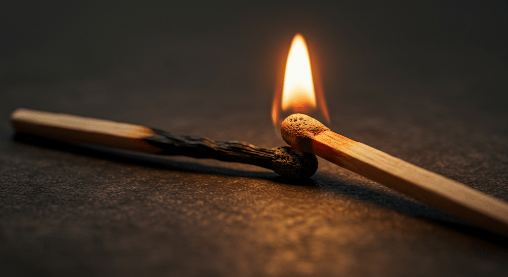 Burnt match reigniting, symbolizing recommitment and the courage to keep showing up in marriage.