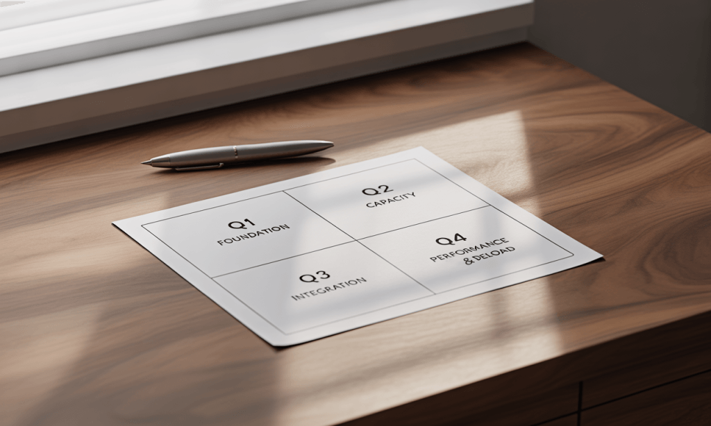 Quarter-by-quarter plan that cycles foundation, capacity, integration, and deload.