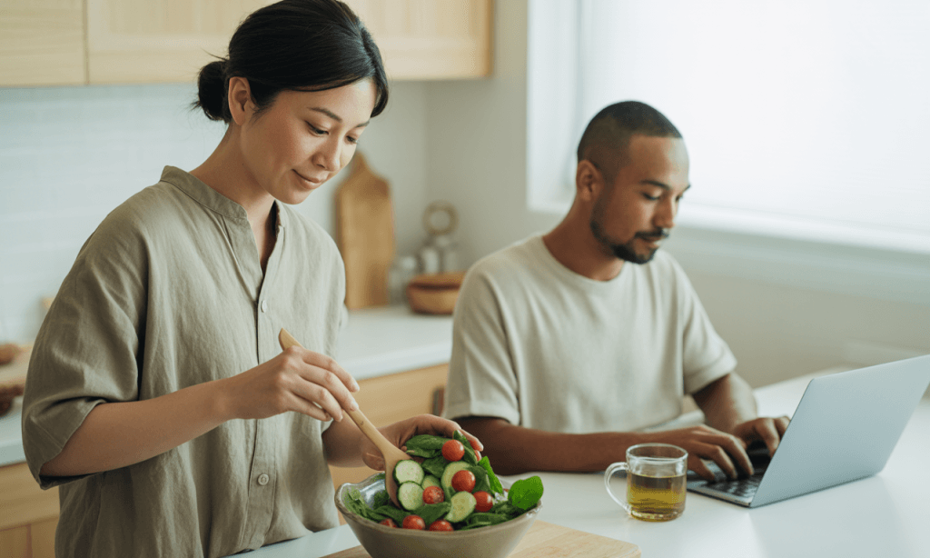 Couple in the kitchen doing separate activities, showing respect for personal growth pace.