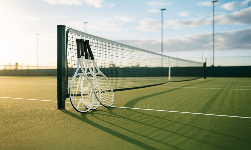 Empty tennis court with rackets on the ground, symbolizing a pause in conflict.