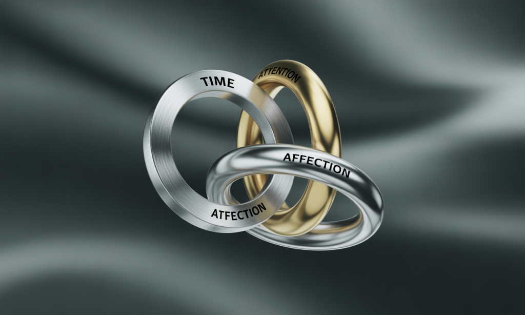 Interlocking rings illustrating how redundancy weaves time, attention, and affection.