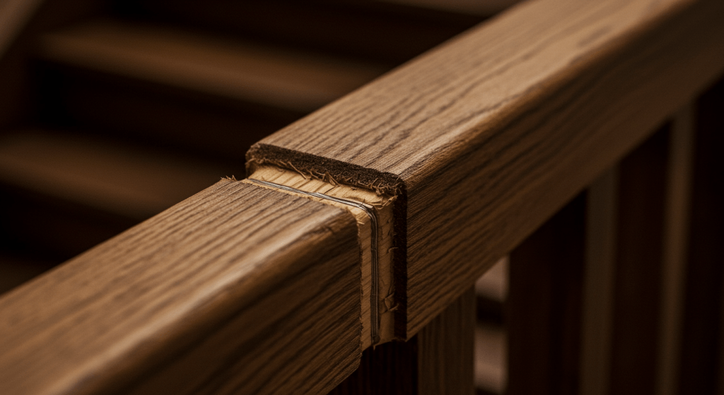 Repaired wood showing reinforcement where a break once occurred.