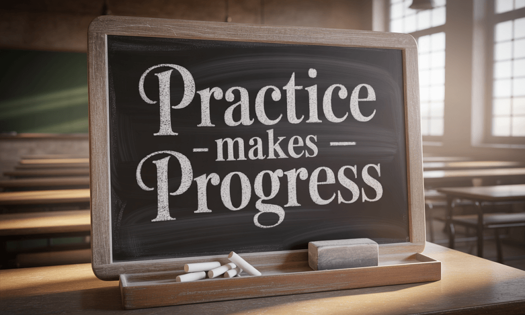 Chalkboard with a practice-focused quote, reinforcing the idea that every argument is a moment to train and grow.