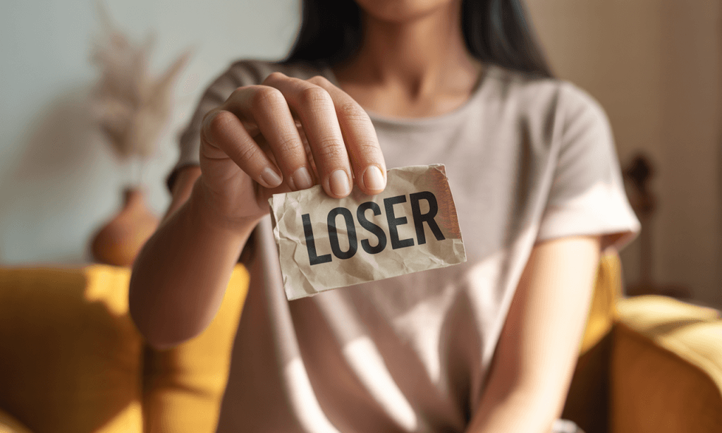 Person throwing away a paper label with a negative word, symbolizing rejecting hurtful words.