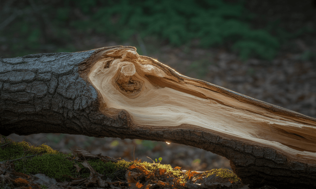 Healed wood showing reinforced strength at an old break.