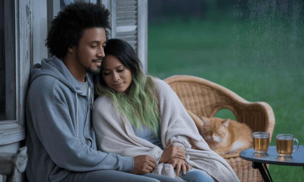 Married couple watching the rain together, symbolizing unity during difficult seasons in marriage