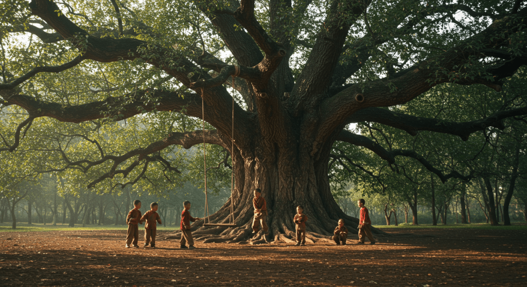 Large family tree offering shade and play, symbolizing legacy and shared purpose in a rooted marriage