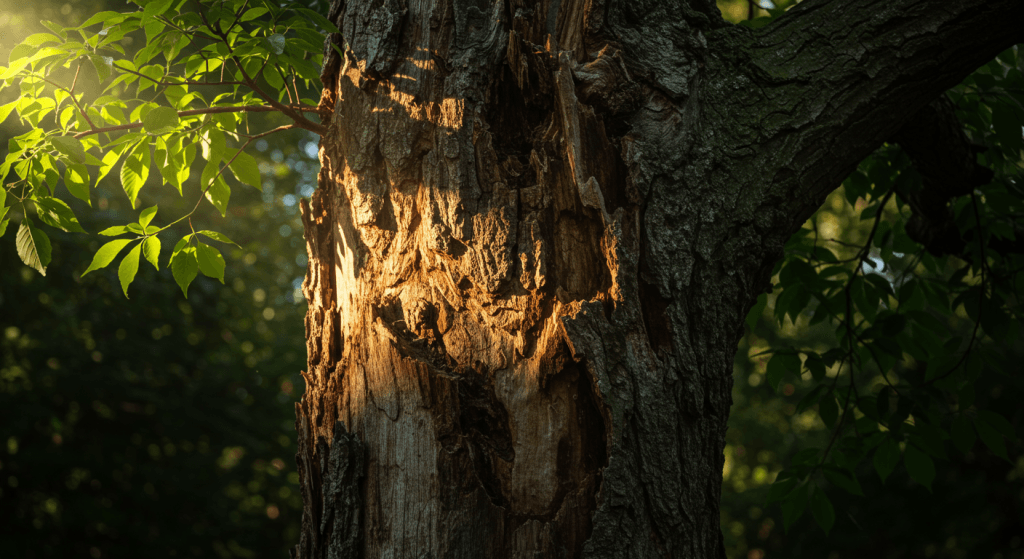 Tree with visible bark scars, showing survival after hardship-symbol of enduring love in marriage