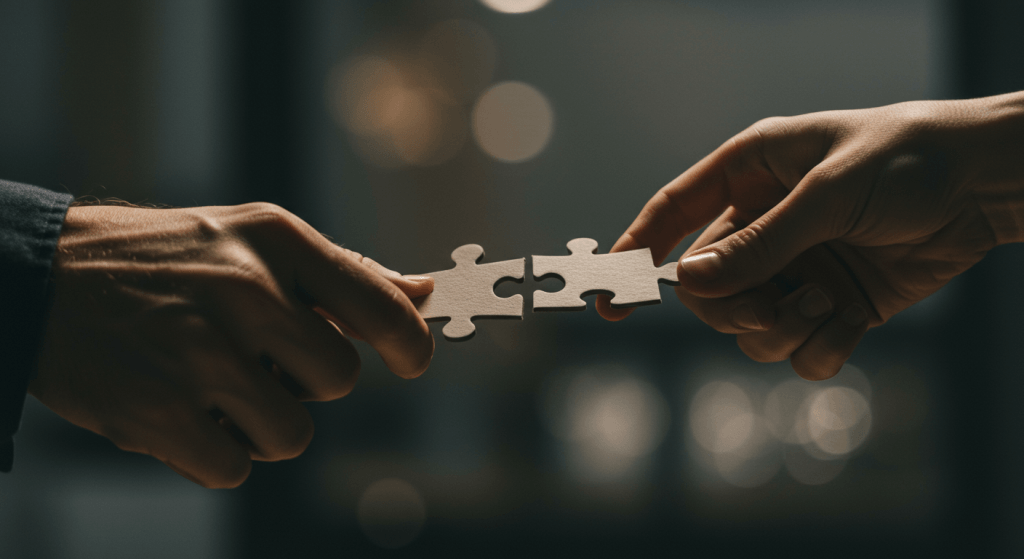 Close-up of hands connecting puzzle pieces, representing building a marriage with intentional agreement.