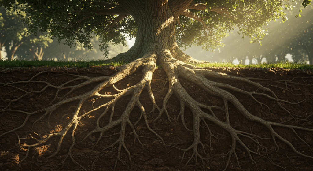 Illustration of deep tree roots below the surface, representing unseen foundational values in a strong marriage