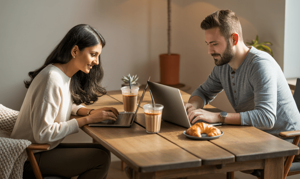 Married couple distracted by work while sitting together, symbolizing emotional distance in a busy lifestyle.