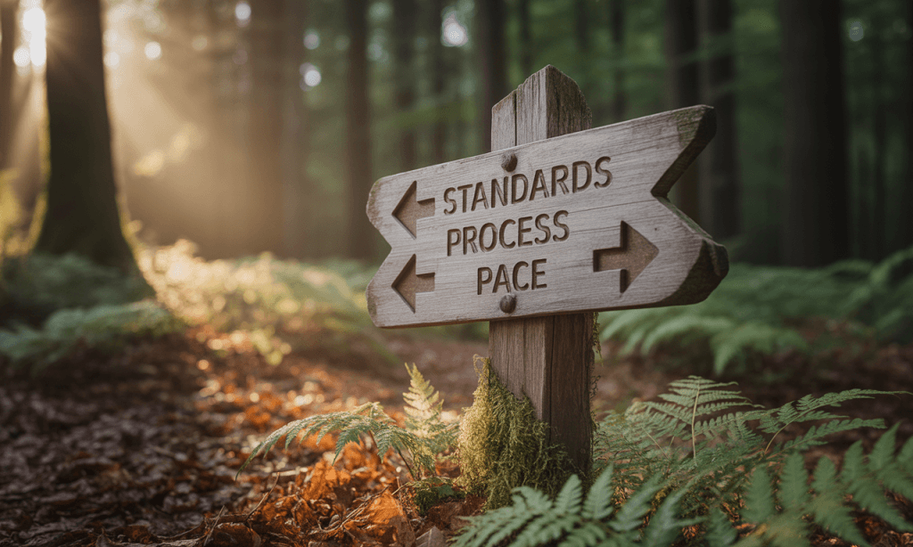 Orientation sign emphasizing values remain firm while processes adapt.