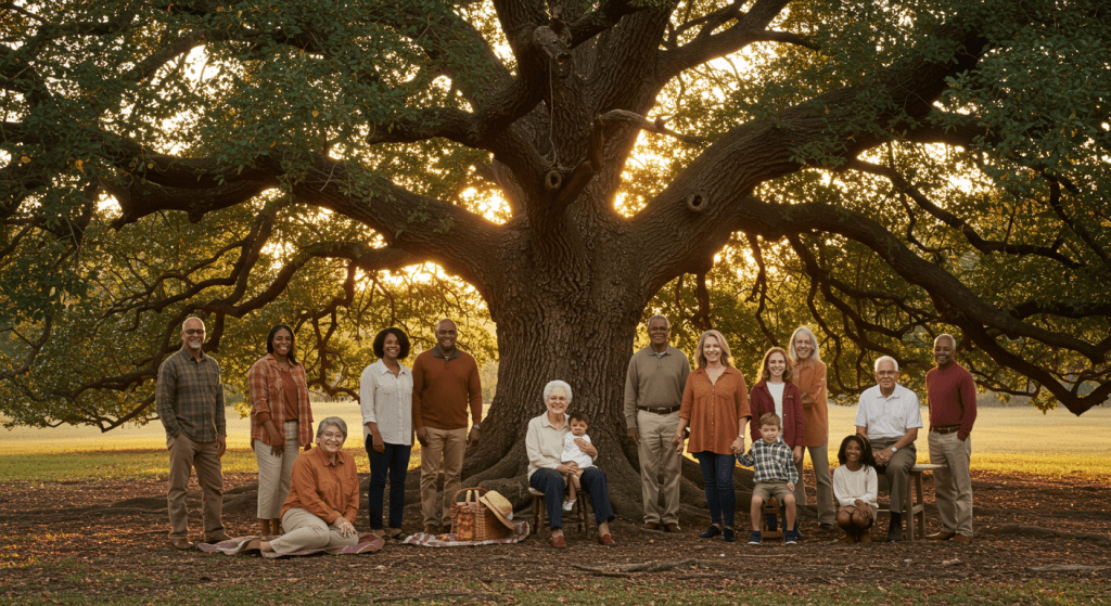 Multiple generations gathered under a large oak, symbolizing a long marriage that has become a generational legacy
