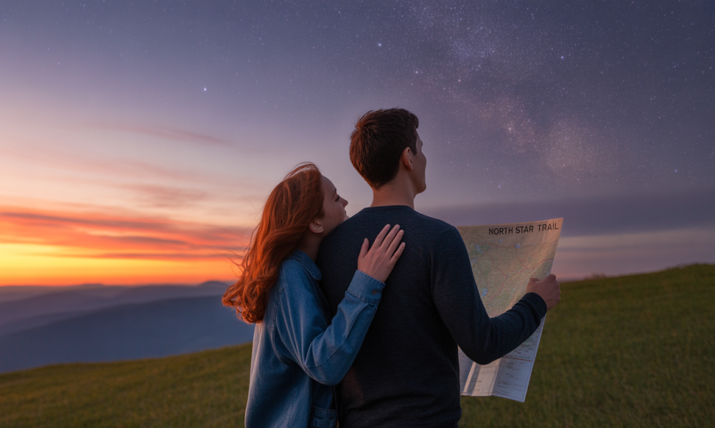 Couple aiming higher together—overshooting goals to land on trust.