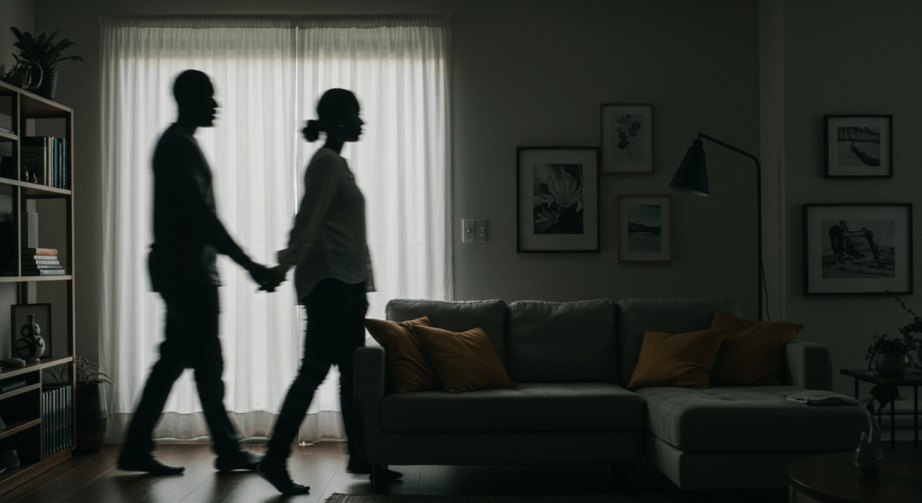 Spouses moving in opposite directions, out of focus, symbolizing unnoticed disconnection in a busy life.